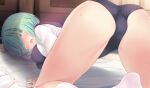  1girl :o ahoge all_fours aqua_hair ass ass_focus black_one-piece_swimsuit blurry blurry_background blush breasts celestia_(komone_ushio) commentary_request competition_swimsuit dot_nose from_behind furrowed_brow groin_tendon highres indoors kneehighs komone_ushio light_blush long_sleeves looking_at_viewer looking_back medium_breasts medium_hair on_bed one-piece_swimsuit one_eye_covered open_clothes open_mouth open_shirt original shirt socks solo sweat swimsuit wavy_mouth white_shirt white_socks yellow_eyes 