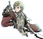  bow_(weapon) brown_eyes cape closed_mouth fire_emblem fire_emblem:_three_houses fire_emblem_warriors:_three_hopes glasses green_armor green_hair highres holding holding_bow_(weapon) holding_weapon ignatz_victor looking_to_the_side male_focus official_alternate_costume official_alternate_hairstyle umi_(_oneinchswing) upper_body weapon 