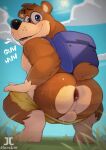  anthro anus backpack balls banjo-kazooie banjo_(banjo-kazooie) bear blue_eyes bottomwear brown_body brown_fur clothed clothing fur genitals hi_res jumpy_jackal looking_at_viewer male mammal outside partially_clothed rareware shorts shorts_down solo 