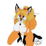  anthro big_breasts breasts canid canine deerwalker ear_piercing facial_piercing female fox gem hair hi_res jewelry kittensnark kneeling looking_at_viewer looking_up mammal necklace nipples nose_piercing nose_ring nude piercing ponytail ring_piercing solo 