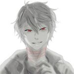  1boy artist_request character_request close-up copyright_request eyebrows_hidden_by_hair looking_at_viewer lowres messy monochrome non-web_source partially_colored red_eyes shirt short_hair solo source_request string string_of_fate upper_body white_background 