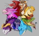  anthro blonde_mane blue_body blue_eyes blue_horn brown_clothing brown_hair brown_topwear canid clothing dragon ear_frill ears_back equid feral forked_tongue frill_(anatomy) fur generation_1_pokemon glistening glistening_eyes grey_background grin group hair hi_res horn imperatorcaesar lapras male mammal mane markings narrowed_eyes nintendo open_mouth open_smile orange_body orange_eyes orange_fur pink_body pink_horn pink_scales pivoted_ears pokemon pokemon_(species) pupils purple_body red_body red_sclera scales scalie sharp_teeth simple_background slit_pupils smile teeth tongue topwear white_body white_fur yellow_body yellow_eyes yellow_horn yellow_markings 