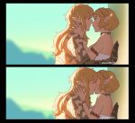  1boy 1girl against_wall armlet blonde_hair blurry blurry_background blush bracelet braid chocorut crown_braid dress earrings eye_contact jewelry kiss link long_hair looking_at_another pointy_ears princess_zelda short_hair strapless strapless_dress the_legend_of_zelda the_legend_of_zelda:_tears_of_the_kingdom upper_body 