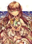  1girl blush braid brown_hair chi_no closed_mouth cloud cowboy_shot crying crying_with_eyes_open dress dusk floating_hair flower frilled_dress frilled_sleeves frills gradient_sky green_eyes hair_between_eyes hair_flower hair_ornament hands_up juliet_sleeves kanbe_kotori kazamatsuri_institute_high_school_uniform light_smile long_hair long_sleeves looking_at_viewer neck_ribbon outdoors pink_dress pink_flower puffy_sleeves red_ribbon rewrite ribbon sad_smile school_uniform short_dress sidelocks sky solo standing straight-on streaming_tears sunset tears twin_braids very_long_hair water water_drop wavy_hair white_flower wide_sleeves yellow_flower 