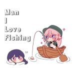  2girls ? ?? animal_ears boat braid braided_ponytail commentary eimikodoodles english_commentary english_text fishing fishing_rod floppy_ears fox_ears genshin_impact green_headwear highres holding holding_fishing_rod long_hair meme multiple_girls outdoors pink_hair purple_eyes purple_hair raiden_shogun watercraft women_want_me_fish_fear_me_(meme) yae_miko yuri 