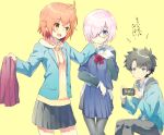  1boy 2girls ahoge alternate_costume black_hair black_pants black_pantyhose black_skirt blazer blue_eyes blue_hoodie blue_jacket blue_skirt blush casual cellphone clothes collared_shirt eka_eri fate/grand_order fate_(series) fujimaru_ritsuka_(female) fujimaru_ritsuka_(male) fujimaru_ritsuka_(male)_(morning_glory) hair_over_one_eye holding holding_clothes holding_clothes_hanger holding_phone holding_skirt hood hood_down hoodie jacket long_sleeves looking_at_another mash_kyrielight multiple_girls open_mouth orange_eyes orange_hair pants pantyhose phone pink_hair pleated_skirt purple_eyes shirt short_hair simple_background skirt smartphone smile translation_request white_shirt yellow_background yellow_hoodie 