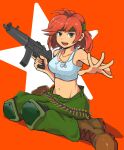  1girl advance_wars cubechicken15 green_hairband hairband highres holding holding_weapon looking_at_viewer open_mouth red_hair sami_(advance_wars) short_hair soldier solo star_(symbol) weapon 