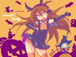  bat_(animal) black_gloves blush_stickers brown_eyes brown_hair dress fake_horns fake_wings gloves hair_between_eyes halloween halloween_costume highres horns jack-o&#039;-lantern jewelry kagami_tina long_hair looking_at_viewer mushiking necklace open_mouth orange_thighhighs pumpkin red9_(isktmz) smile thighhighs wings witch 