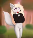  anthro blonde_hair canid canine clothing fan_character female flower fur genitals hair joeumbre mammal plant purple_eyes pussy rose_(flower) shaded shirt slit solo tail topwear white_body white_fur 