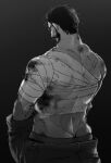  1boy back back_focus bandaged_chest bara beard blood bruise butt_crack facial_hair from_behind graves_(league_of_legends) greyscale hair_slicked_back injury karipaku league_of_legends looking_down male_focus monochrome muscular muscular_male mustache short_hair solo thick_eyebrows topless_male undressing 