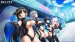  4girls amadea_wolfa black_hair blue_sky bodysuit breasts building cloud crossed_arms dolphin_wave eines_(dolphin_wave) elbow_gloves gloves green_eyes hair_between_eyes hair_ornament hairclip hand_on_own_hip hand_on_own_thigh highres long_hair multicolored_hair multiple_girls nacht_(dolphin_wave) navel official_art ootomo_takuji pink_hair sarah_anthony short_hair sky swept_bangs symbol-shaped_pupils thighhighs two-tone_hair underboob 