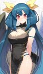  1girl absurdres bare_legs bare_shoulders blue_hair blush breasts china_dress chinese_clothes cleavage_cutout closed_mouth clothing_cutout dizzy_(guilty_gear) dress elritta guilty_gear guilty_gear_xrd hair_ribbon highres large_breasts long_hair looking_at_viewer red_eyes ribbon sleeveless sleeveless_dress solo twintails wings yellow_ribbon 