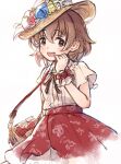  1girl bag blush brown_eyes brown_hair brown_headwear commentary flower frilled_wristband hageringo hand_up hat hat_flower idolmaster idolmaster_cinderella_girls kita_hinako looking_at_viewer medium_hair open_mouth red_ribbon red_skirt ribbon shirt short_sleeves shoulder_bag sidelocks skirt smile solo symbol-only_commentary white_background white_shirt 