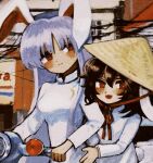  2girls alternate_costume animal_ears black_hair blush breasts closed_mouth commentary_request crescent crescent_pin dress film_grain flat_chest floppy_ears grey_hair hair_between_eyes hat hell0120 highres inaba_tewi long_sleeves looking_at_viewer medium_bangs medium_breasts moped motor_vehicle multiple_girls open_mouth power_lines rabbit_ears rabbit_girl rabbit_tail red_eyes reisen_udongein_inaba rice_hat riding smile tail touhou upper_body vietnamese_clothes vietnamese_dress white_dress 