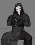  2023 absurd_res animal_mask beak_mask belt clothed clothing euclid gloves handwear hi_res holding_object holding_syringe hood humanoid kogito looking_at_viewer male mask not_furry plague_doctor scp-049 scp_foundation sitting solo syringe white_eyes 