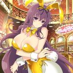  1girl animal_ears balcony black_ribbon breasts casino chandelier detached_collar hair_between_eyes hair_ribbon huge_breasts large_breasts leotard long_hair murasaki_(senran_kagura) neon_lights official_art pantyhose playboy_bunny purple_eyes purple_hair rabbit_ears rabbit_tail ribbon senran_kagura senran_kagura_new_link senran_kagura_shinovi_versus slot_machine solo strapless strapless_leotard tail very_long_hair white_pantyhose wrist_cuffs yaegashi_nan yellow_leotard 