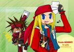  axl_low bandana belt blonde_hair blue_eyes brown_hair chibi denim_vest forehead_protector guilty_gear guilty_gear_x high_ponytail kinomin long_hair male_focus multiple_belts oversized_zipper photo_(object) record red_bandana sol_badguy spiked_hair tank_top vest 