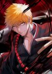  1boy absurdres arialla_a aura black_shirt bleach close-up collarbone glint hair_between_eyes highres kurosaki_ichigo looking_at_viewer male_focus orange_eyes orange_hair red_background shihakusho shirt smirk spiked_hair sword upper_body weapon zangetsu_(shikai) 