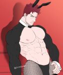  1boy abs animal_ears bara blush boku_no_hero_academia closed_mouth endeavor_(boku_no_hero_academia) facial_hair fake_animal_ears fishnet_pantyhose fishnets large_pectorals male_focus male_playboy_bunny muscular muscular_male navel nipples pantyhose pectorals rabbit_boy rabbit_ears red_background red_hair shadow shiroshiro69 short_hair shrug_(clothing) simple_background solo spiked_hair twitter_username 