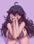  1girl ahegao ahoge areola_slip artist_name bare_arms bare_legs bare_shoulders barefoot black_hair breast_suppress breasts deep_skin dress from_above gastly hair_between_eyes hairband halloween halter_dress halterneck hands_on_own_cheeks hands_on_own_face hex_maniac_(pokemon) highres huge_breasts kneeling leaning_forward long_hair looking_at_viewer noaqin pencil_dress pokemon pokemon_(game) pokemon_xy purple_background purple_eyes purple_hairband purple_trim ringed_eyes saliva see-through simple_background skindentation sleeveless sleeveless_dress solo spider_web_print sticker_on_chest thick_eyelashes tongue tongue_out very_long_hair 