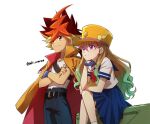  1boy 1girl blonde_hair brother_and_sister brown_eyes brown_hair coat crossed_arms gradient_hair green_hair multicolored_hair ochi_marco ohdo_yuamu ohdo_yuhi orange_coat orange_headwear purple_eyes red_hair siblings sitting twitter_username yu-gi-oh! yu-gi-oh!_go_rush!! 