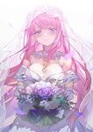  1girl absurdres blush bouquet breasts bridal_veil bride cleavage dress elbow_gloves enicia_(enicia_to_keiyaku_mon) enicia_to_keiyaku_mon falling_petals flower gloves highres holding holding_bouquet light_smile long_hair petals pink_hair purple_eyes rose saw272 see-through see-through_cleavage smile tearing_up veil very_long_hair wedding_dress white_dress white_flower white_gloves white_rose white_veil 