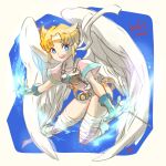  1girl angel_wings anzuni_(marblefrog) armor blonde_hair blue_eyes boots breath_of_fire breath_of_fire_i covered_navel elbow_gloves feathered_wings full_body gloves highres knee_boots leotard looking_at_viewer nina_(breath_of_fire_i) one_eye_closed open_mouth rapier short_hair smile solo sword thighhighs weapon white_wings wings 