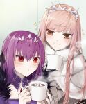  2girls bare_shoulders blush breasts brown_eyes capelet coffee_mug cup detached_collar dress fate/grand_order fate_(series) feather_trim fur-trimmed_capelet fur_trim gloves hair_between_eyes highres jewelry kino_kokko large_breasts long_hair long_sleeves medb_(fate) medium_breasts mug multiple_girls pendant pink_hair purple_dress purple_hair red_eyes scathach_(fate) scathach_skadi_(fate) smile sparkle tiara white_capelet white_dress white_gloves 