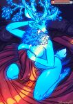  anthro antlers bed big_breasts blue_body blue_fur breasts covered_breasts deer deity eyes_closed female fur furniture hi_res horn luna_(zummeng) mammal nude pillow smile solo waking_up wide_hips zummeng 