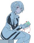  1girl ayanami_rei blue_bodysuit blue_hair bodysuit breasts cassette_player earphones feet_out_of_frame from_side holding interface_headset looking_at_viewer lukish neon_genesis_evangelion short_hair simple_background sitting solo spot_color white_background 