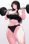 1girl abs armorganger bangs barbell black_hair black_panties black_sports_bra blue_eyes breasts cleavage closed_mouth commentary cowboy_shot exercise girls_und_panzer grey_background highres large_breasts light_frown long_hair looking_at_viewer muscular muscular_female navel nonna_(girls_und_panzer) panties solo sports_bra standing steam sweat swept_bangs underwear underwear_only weightlifting 
