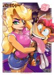  activision anthro bandicoot belt big_breasts blonde_hair bottomwear breasts clothing crash_bandicoot crash_bandicoot_(series) cutoffs denim denim_clothing duo embrace eyebrows eyelashes female fingerless_gloves footwear fur gloves green_eyes hair handwear hug long_hair looking_at_viewer male mammal marsupial mikeluckas open_mouth orange_body orange_fur shirt shoes shorts smile tan_body tan_fur tawna_bandicoot teeth tongue tongue_out topwear 