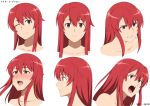  1girl asymmetrical_bangs bare_shoulders blush brown_eyes clenched_teeth collarbone commentary_request dated expressions hair_between_eyes hall_onon long_hair looking_at_viewer multiple_views one_eye_closed original red_hair smile teeth upper_teeth_only white_background 