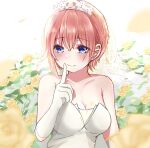  1girl bare_shoulders blue_eyes blush breasts bridal_veil cleavage closed_mouth crown dress earrings elbow_gloves finger_to_mouth flower gloves go-toubun_no_hanayome highres index_finger_raised jewelry medium_breasts nakano_ichika pink_hair rose short_hair shyaruru single_earring solo strapless strapless_dress upper_body veil wedding_dress white_dress white_flower white_gloves white_rose 