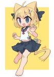  1girl :d ahoge animal_ears artist_name bandaid bandaid_on_knee bandaid_on_leg barefoot blonde_hair blue_bow blue_eyes blue_sailor_collar blue_skirt blush bow breasts cat_ears cat_girl claw_pose commentary_request fang full_body hair_bow hair_ornament hairclip highres looking_at_viewer midriff miniskirt nanatsuta navel neckerchief open_mouth original pleated_skirt red_neckerchief sailor_collar sailor_shirt shirt short_hair signature skin_fang skirt sleeveless sleeveless_shirt small_breasts smile solo toes white_background white_shirt yellow_background 