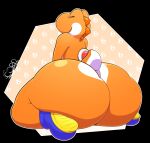  2023 ambiguous_gender anthro big_butt biped butt clothing digital_media_(artwork) footwear hi_res huge_butt hyper hyper_butt mario_bros nintendo nude open_mouth orange_yoshi rear_view shoes simple_background sitting smile solo thelewdshi thick_thighs wide_hips yoshi 