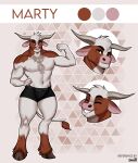  abs anthro athletic athletic_anthro athletic_male bovid bovine boxers_(clothing) cattle clothing digital_media_(artwork) fingers fluffy hi_res hooves horn looking_at_viewer male mammal marty model_sheet muscular muscular_anthro muscular_male simple_background smile solo tail underwear zhadart 