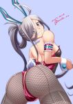  1girl ahoge animal_ears arched_back asashimo_(kancolle) ass cowboy_shot dated detached_collar fishnet_pantyhose fishnets from_behind grey_background grey_eyes grey_hair grey_pantyhose grin hair_over_one_eye kantai_collection long_hair looking_at_viewer looking_back moke_ro pantyhose playboy_bunny ponytail rabbit_ears rabbit_tail sharp_teeth smile solo tail teeth twitter_username wrist_cuffs zipper 