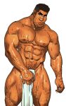  1boy abs arm_hair bara character_request covering covering_crotch dark-skinned_male dark_skin feet_out_of_frame hairy holding holding_towel large_pectorals leg_hair long_sideburns looking_at_viewer male_focus mature_male muscular muscular_male navel navel_hair nipples nude_cover pectorals pubic_hair pubic_hair_peek short_hair sideburns slam_dunk_(series) solo stomach strongman_waist thick_eyebrows thick_lips thick_thighs thighs towel undercut unspoken_(firebreath110) 