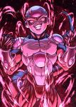  1boy artist_name aura biceps black_background black_frieza bracer clenched_hands colored_skin cowboy_shot dragon_ball dragon_ball_super energy evil_grin evil_smile frieza gem grin hands_up instagram_logo instagram_username looking_at_viewer male_focus muscular muscular_male pectorals purple_gemstone red_background red_eyes signature simple_background smile solo tail teeth twitter_logo twitter_username uchiha_jake v-shaped_eyebrows 