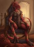  2023 anthro armor biped chair claws clothed clothing colored divinity:_original_sin_2 furniture lizard lizardman looking_at_viewer male pillow red_body red_scales reptile rukis scales scalie sitting solo tail teeth the_red_prince toe_claws topless underwear 