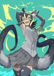 1girl animal_ear_fluff armpits arms_up black_gloves black_hair black_thighhighs blonde_hair cowboy_shot don3 electricity evil_smile fangs gloves glowing glowing_eyes green_background green_eyes green_necktie grey_shirt grey_skirt hair_between_eyes kemono_friends kemono_friends_3 looking_at_viewer medium_hair miniskirt multicolored_hair multicolored_tail multiple_tails necktie open_mouth pleated_skirt raijuu_(kemono_friends) shirt simple_background skirt sleeveless sleeveless_shirt smile solo tail tan thighhighs torn_clothes torn_gloves torn_skirt torn_thighhighs two-tone_hair two_tails v-shaped_eyebrows zettai_ryouiki 