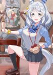  1girl :d absurdres alternate_costume beauty_and_the_beast black_skirt black_socks blue_bow blue_bowtie blue_scrunchie blue_shirt blush bow bowtie brown_footwear churro collared_shirt disneyland food gaston grey_eyes grey_hair grey_vest highres hishi_miracle_(umamusume) holding holding_food horse_girl kneehighs loafers medium_hair pleated_skirt school_uniform scrunchie shirt shoes skirt sleeves_rolled_up smile socks solo sweater_vest taki_rentaro umamusume vest wrist_scrunchie yellow_scrunchie 