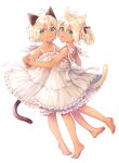  2girls :d animal_ears back_bow barefoot bow braid cat_ears cat_tail dark-skinned_female dark_skin dress e_(eokiba) full_body green_eyes hair_rings highres hitsugi_katsugi_no_kuro holding_hands looking_at_viewer looking_back multiple_girls nijuku open_mouth ribbon sanju short_hair shoulder_ribbon simple_background smile tail tiptoes white_background white_bow white_dress white_hair white_ribbon 