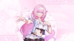  1girl belly blue_eyes bracelet breasts character_name chinese_commentary elysia_(honkai_impact) elysia_(miss_pink_elf)_(honkai_impact) falling_petals flower hand_on_own_chest highres honkai_(series) honkai_impact_3rd jewelry large_breasts long_hair navel necklace official_alternate_costume official_art official_wallpaper open_clothes open_hand parted_lips petals pink_flower pointy_ears simple_background solo upper_body very_long_hair white_headwear 