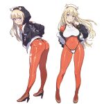  1girl absurdres ass blonde_hair blue_eyes bodysuit braid clip_studio_paint_(medium) covered_navel dot_nose full_body goddess_of_victory:_nikke hands_in_pockets high_heels highres hood hoodie intensify_0 jacket long_hair long_sleeves looking_at_viewer looking_back orange_bodysuit simple_background smile solo standing teeth tove_(nikke) white_background 