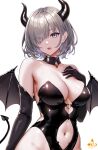  1girl bare_shoulders black_gloves breasts cleavage clothing_cutout collarbone demon_horns demon_tail demon_wings elbow_gloves eyes_visible_through_hair gloves grey_eyes grey_hair hair_over_one_eye highres horns infinote large_breasts looking_at_viewer navel navel_cutout original parted_lips sashou_mihiro short_hair simple_background solo tail white_background wings 