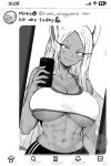  1girl abs animal_ears bare_shoulders battery_indicator blush boku_no_hero_academia breasts cellphone cleavage collarbone dark-skinned_female dark_skin english_text fanbox_username greyscale guchapin highres holding holding_phone large_breasts long_hair looking_at_self mirko mirror monochrome navel parted_bangs patreon_username phone rabbit_ears rabbit_girl reflection selfie smartphone smile solo sports_bra stomach timestamp toned twitter twitter_verified_checkmark underboob upper_body very_long_hair white_hair wifi_symbol 