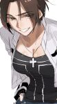  1girl breasts brown_eyes brown_hair cleavage cross curtained_hair fingerless_gloves genderswap genderswap_(mtf) gloves jacket kusanagi_kyou leather leather_jacket looking_at_viewer pants secondary_0000 shirt short_hair smile snk the_king_of_fighters 