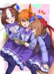  +_+ 3girls absurdres ahoge animal_ears blush book breasts brown_hair collarbone couch hair_between_eyes hair_ornament hairclip hat headband highres horse_ears horse_tail looking_at_viewer matikane_tannhauser_(umamusume) matikanefukukitaru_(umamusume) medium_breasts meisho_doto_(umamusume) multiple_girls nerukichikatafukuma open_mouth orange_hair own_hands_clasped own_hands_together purple_eyes reading school_uniform sitting tail thighhighs tracen_school_uniform umamusume 